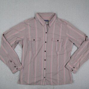 Patagonia Shirt Women 14 Red Striped La Reina Button Up Long Sleeve Hike Camp